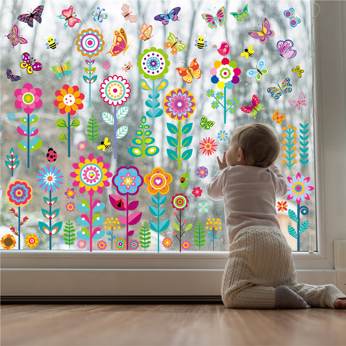 Cross-Border Flower Butterfly Window Stickers Plant Home Living Room Children's Room Kindergarten Glass Decoration Electrostatic Spring Window Stickers