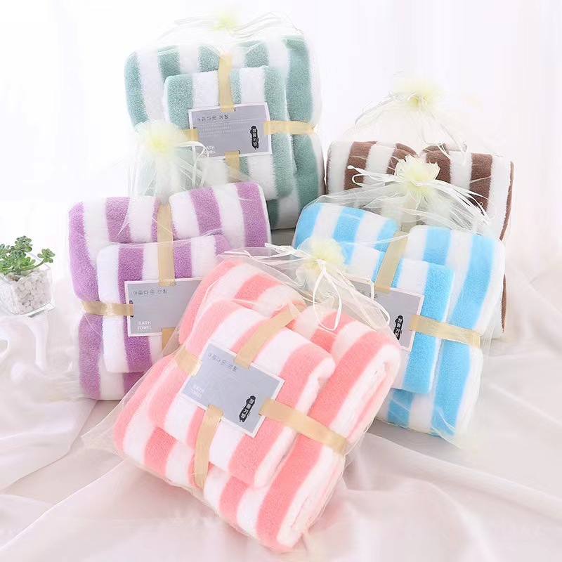 Wide Stripe Towels Set Coral Fleece Towel Soft Absorbent Striped Quick-Drying Beach Towel Home Daily Gift