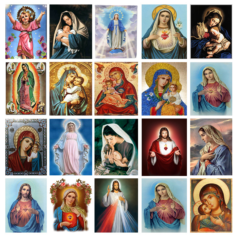 外贸新款5d钻石画 圣母玛丽亚diy宗教圆钻满钻贴钻装饰画跨境批发