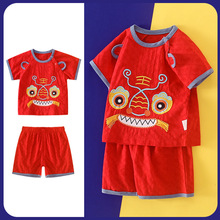 端午节服装儿童立夏老虎衣宝宝衣服红色周岁礼服男婴儿短袖套装