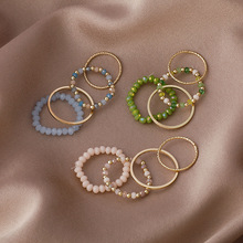 韩版新款四件套装彩色水晶串珠戒指叠戴复古素圈指环4件套戒指女