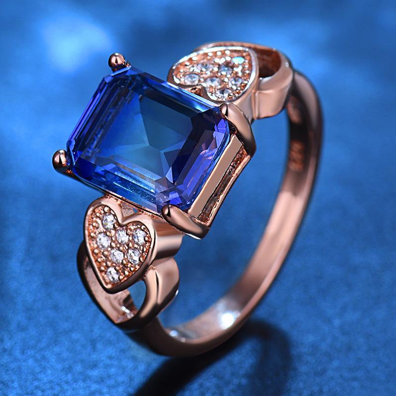 双爱心镶锆石人造仿碧玺水晶玻璃长方形主石戒指简约时尚指环饰品