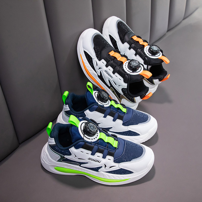 Boys' Sports Shoes Rotating Button Running Shoes for Primary and Secondary School Students Soft Bottom Comfortable Children's Casual Shoes Leather Surface Girls' Fashion