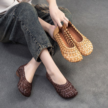 上海杰骤2024夏季新款头层牛皮套脚手工编织凉鞋透气平底舒适女鞋