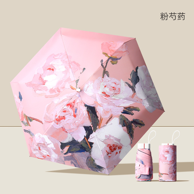 Hand-Painted Mini Flat Six Fold Vinyl Sun Umbrella Sun Protection UV Protection Sunny Rain Sun Umbrella Wholesale Advertising Umbrella Light Small