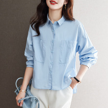 厂家直销蓝色纯棉衬衫女长袖春装新款韩版设计感宽松休闲百搭上衣