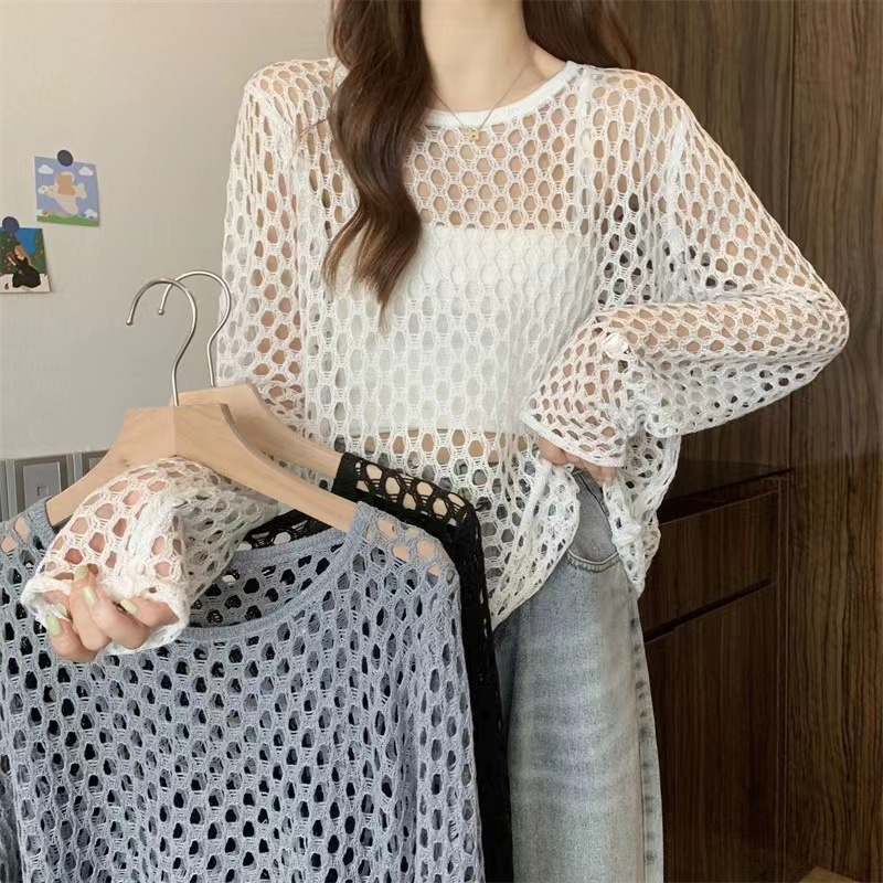 小众网格镂空针织衫女早秋2024新款圆领辣妹渔网防晒罩衫洞洞上衣