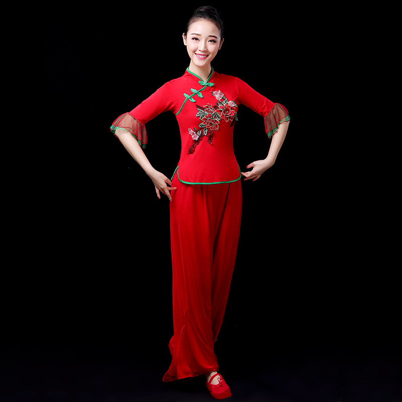广场舞映山红舞蹈演出服女夏季古典舞扇子舞民族舞蹈中老年表演服