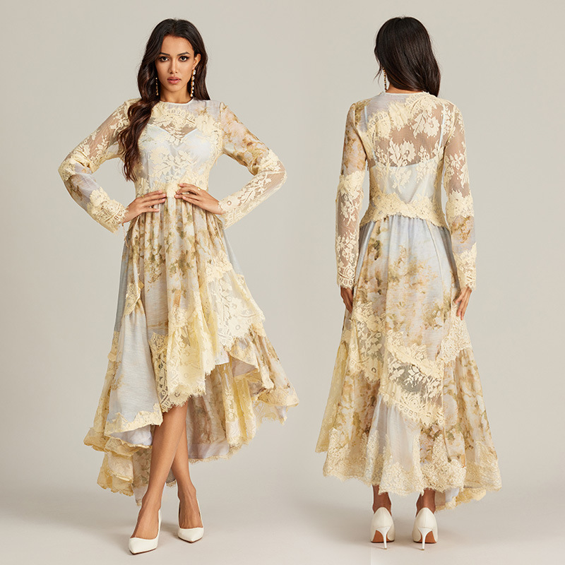 秋冬新款跨境外贸澳洲小众设计宫廷风法式复古连衣裙印花蕾丝长裙
