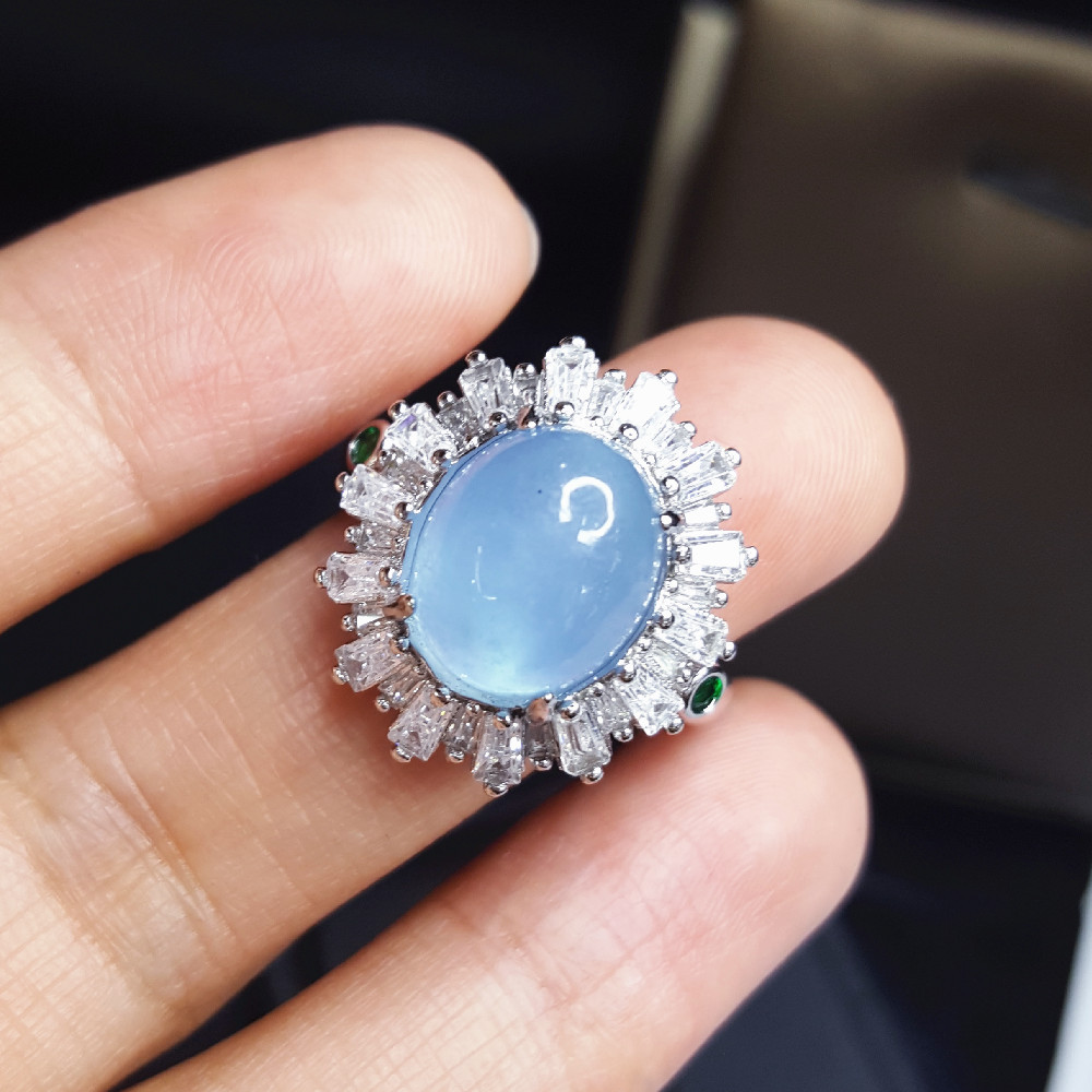 天然海蓝宝玉髓戒指成品空托 围钻蛋面10x12 封底荧光diy配托镶嵌