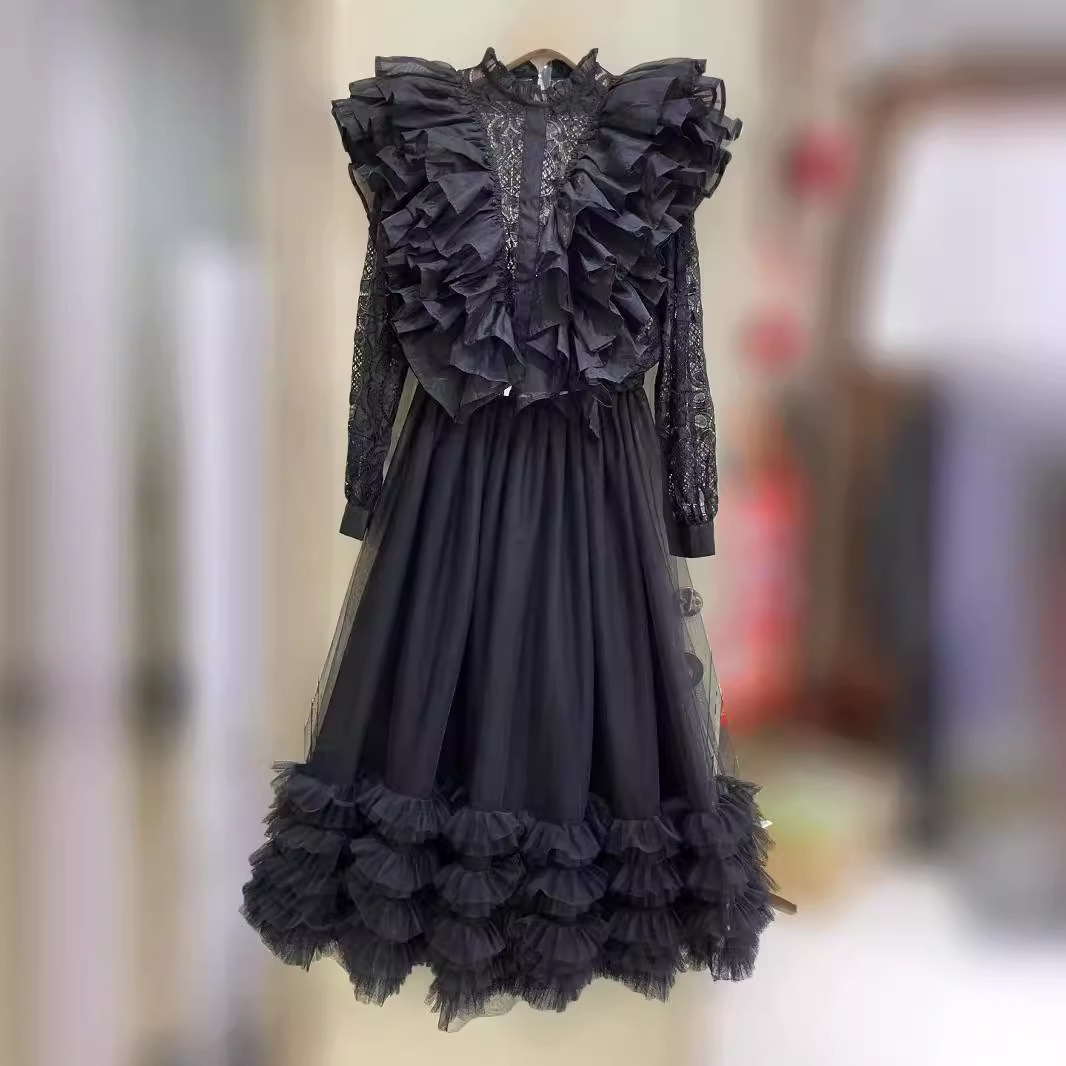 2024春夏新款圆领蕾丝拼接层层荷叶边中长裙拼接网纱连衣裙女