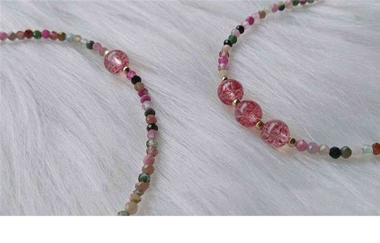 New Extremely Fine Bracelet Strawberry Quartz Candy Tourmaline Crystal 14K Gilded Bracelet Female Fresh Sweet Style Gift