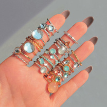 跨境新款彩色复古蓝宝石戒指套装7件欧美ins个性小众配饰首饰批发