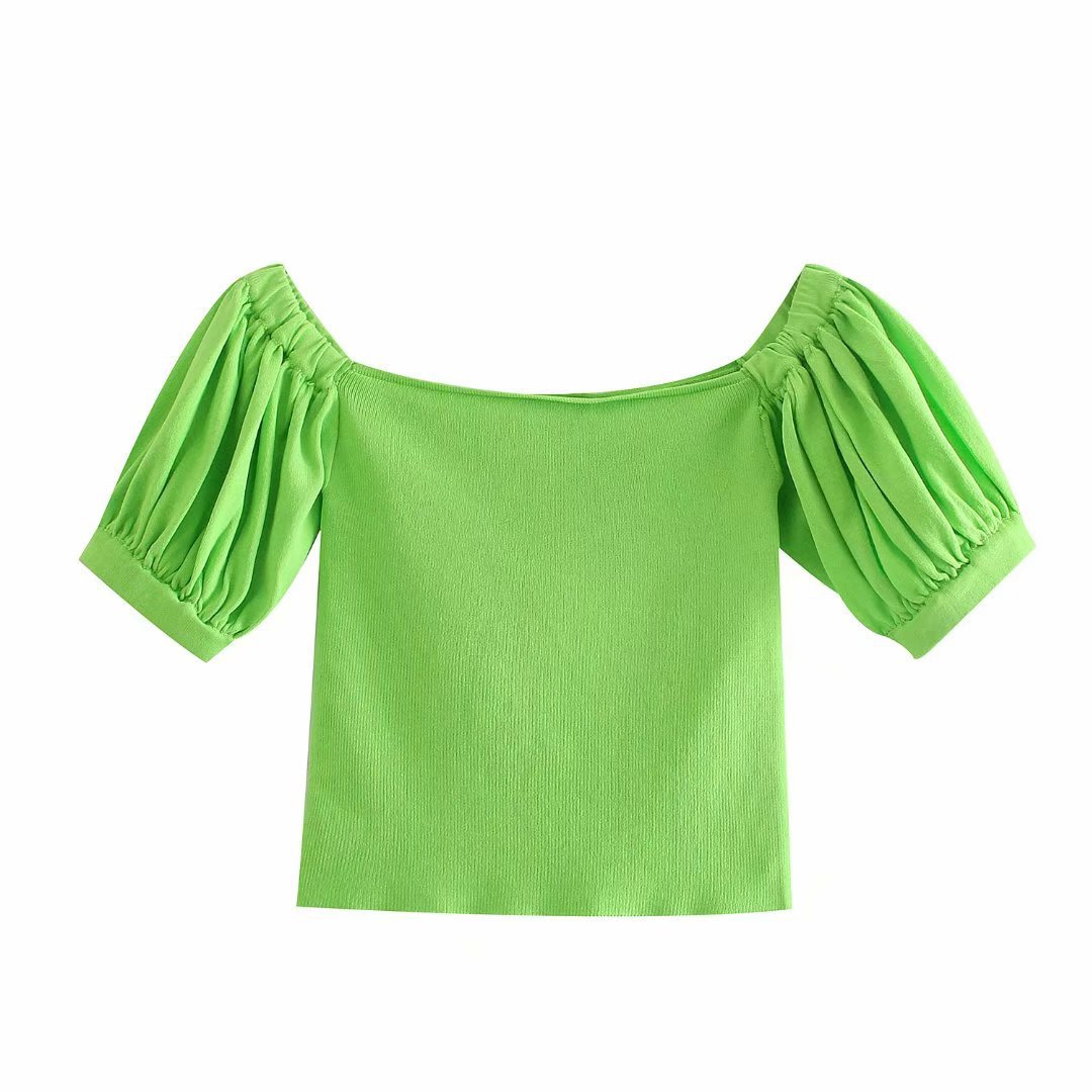 2021欧美风夏女装新款绿色蓬蓬袖针织短袖t恤衫 8410