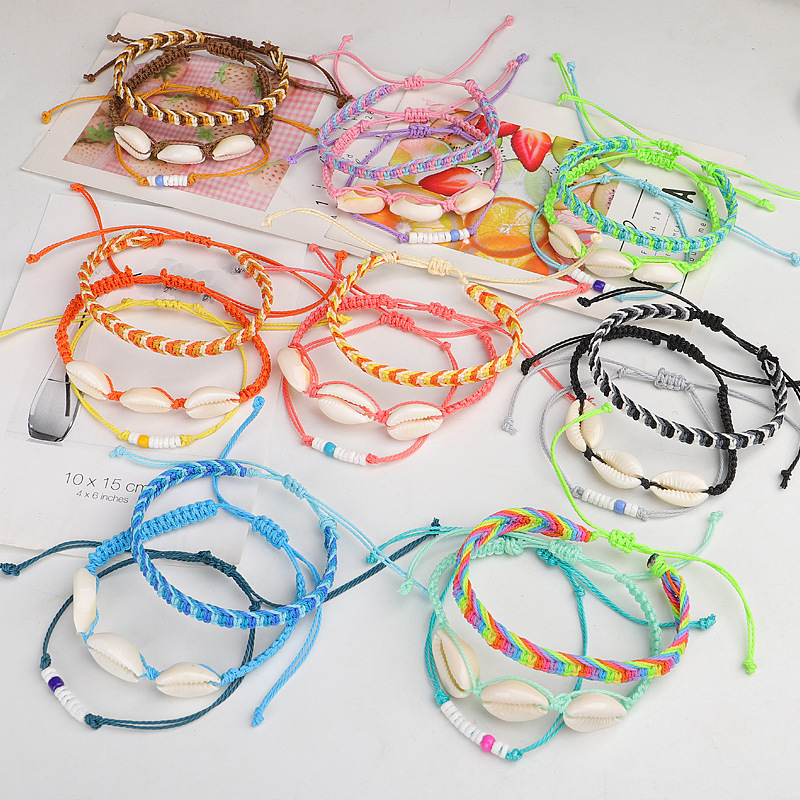 Cross-Border New Arrival Bohemian Vacation Style Bracelet Handmade Creative Weaving Color Wax Line Shell Bracelet Set