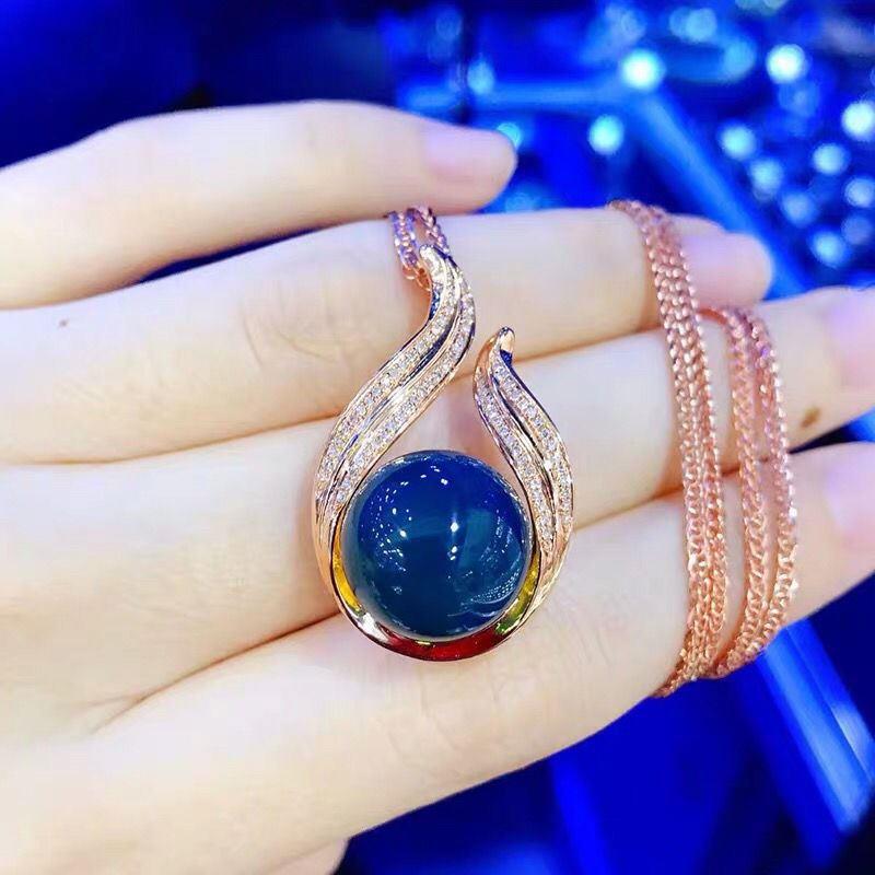 天然墨西哥多米尼加蓝珀吊坠项链 925银镶嵌14mm琥珀蓝珀项链