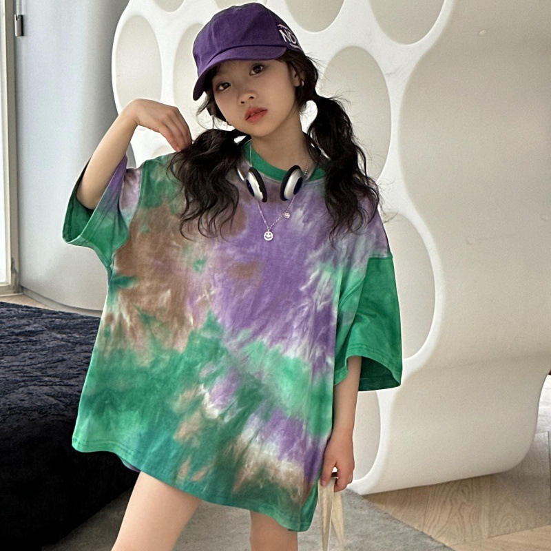 女童夏季短袖t恤2024新款夏装儿童中大童洋气宽松中长款扎染上衣
