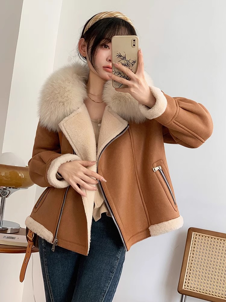 2023冬季新款皮毛一体外套女机车翻领短款羊剪绒大衣皮草冬季保暖