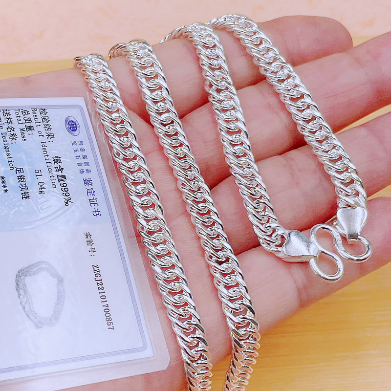 s999纯银项链男 纯银古巴链 足银 马鞭链潮男简约银链子男士粗款