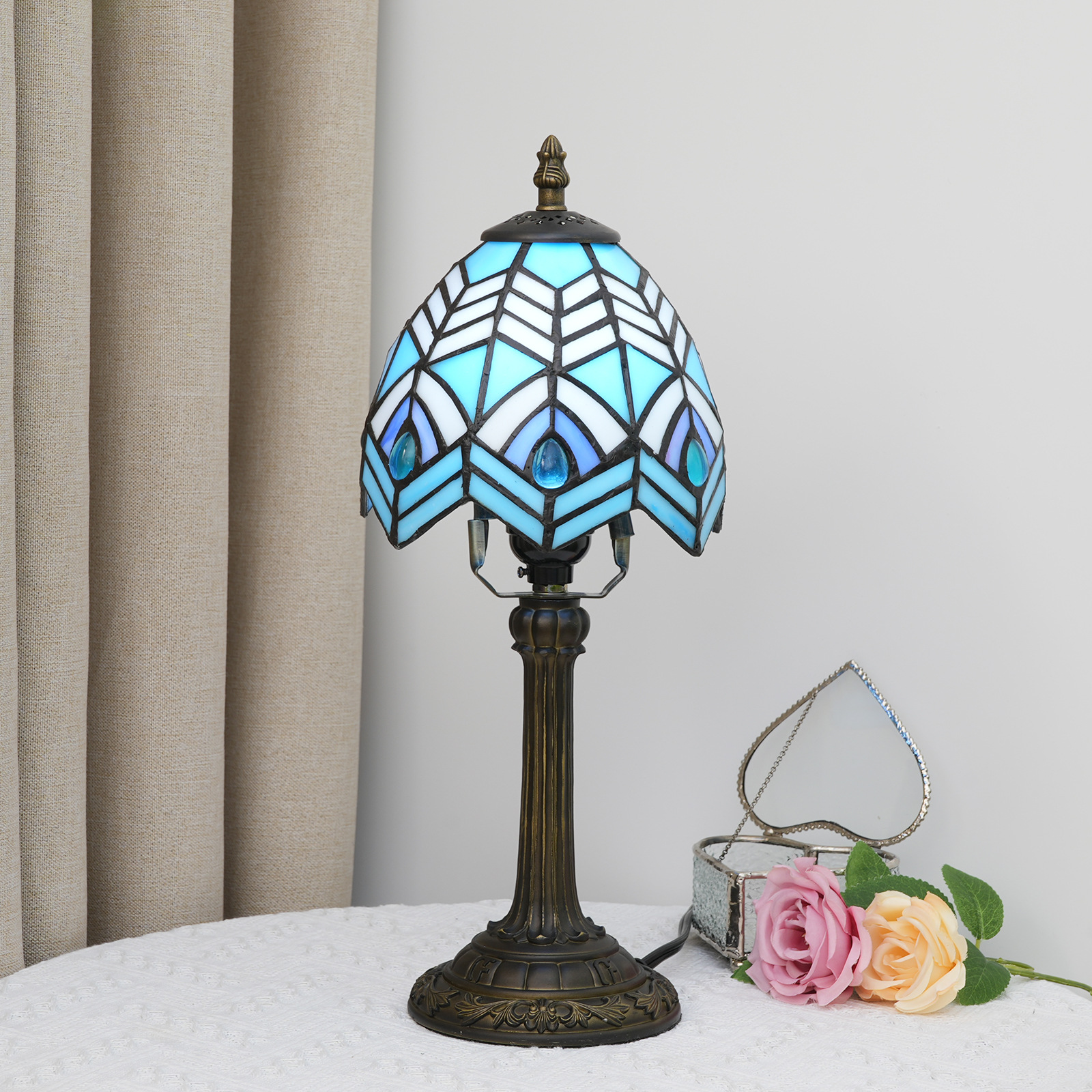 15cm 欧琈蒂凡尼彩色玻璃台灯蓝色地中海凤尾珠子卧室床头书桌灯