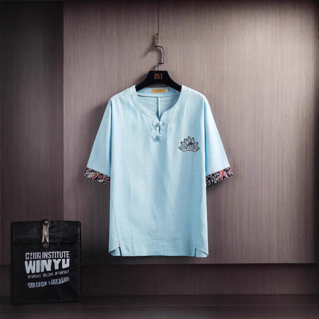 2025夏季棉麻T恤刺绣亚麻中国风短袖圆领拼接盘扣宽松大码上衣男