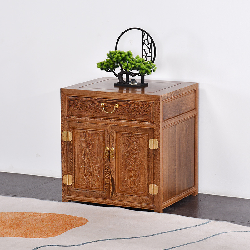 红木床头柜鸡翅木收纳储物柜实木矮柜置物架中式仿古卧室床边柜