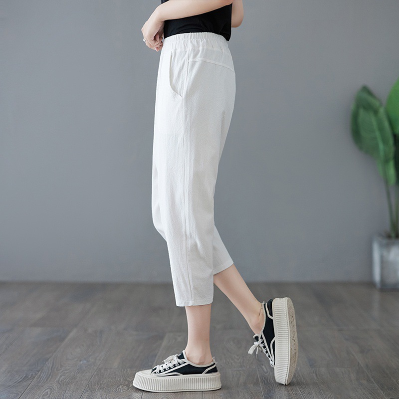 大码白色七分裤女夏季薄款胖mm松紧宽松显瘦棉麻休闲阔腿哈伦裤子