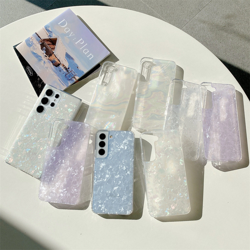 适用三星s23ultra手机壳透明 s22亮面贝壳纹 s23炫彩外贸款批发