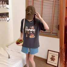 夏季新款女加菲猫刺绣t恤韩版卡通宽松半袖设计感减龄短袖上衣