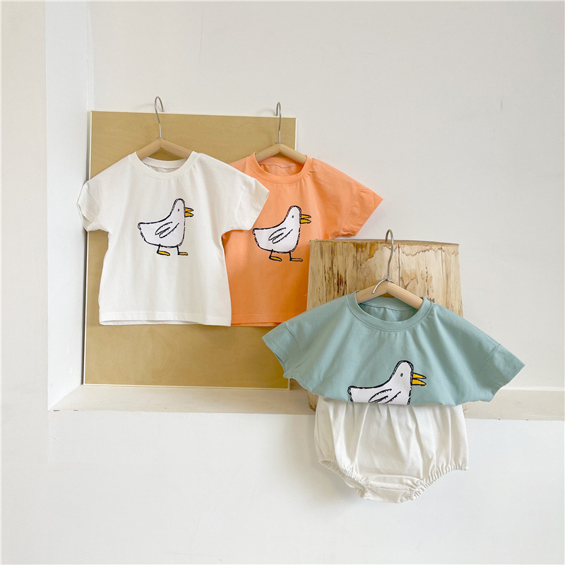 Two-Piece Set Infant Unisex Baby Suit Cotton Cartoon Graffiti Short Sleeve T-shirt + White Bulky Underpants Summer