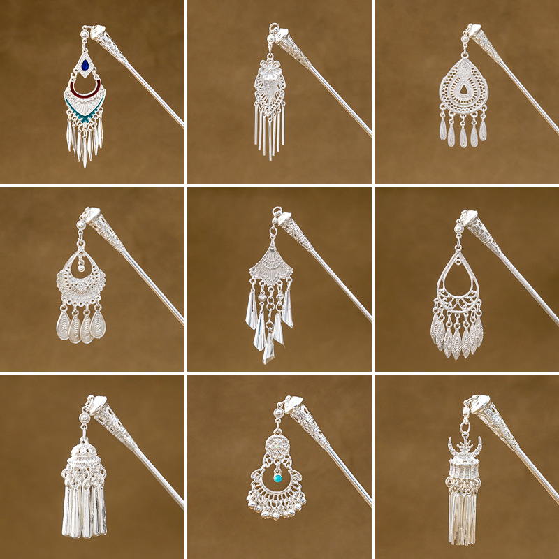 new chinese style miao silver geometric hollow tassel hairpin national fashion drop-shaped dripping oil hair clasp hanfu hair accessories women