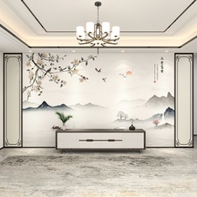 新中式山水花鸟电视背景墙壁纸客厅沙发影视墙布卧室床头无缝壁画
