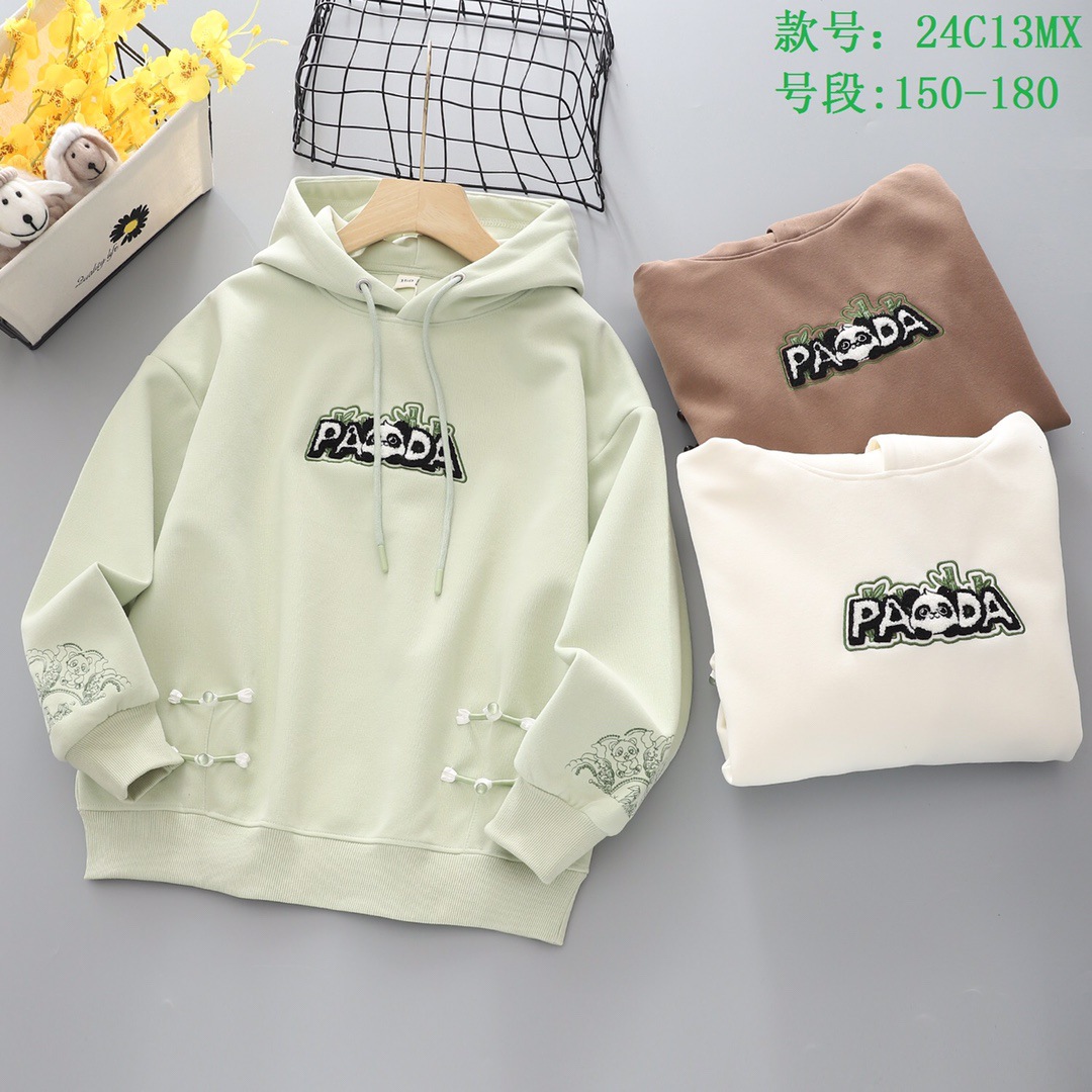 2024春季儿童帽衫男女中大童套头衫双面华棉字母熊猫连帽上衣批发
