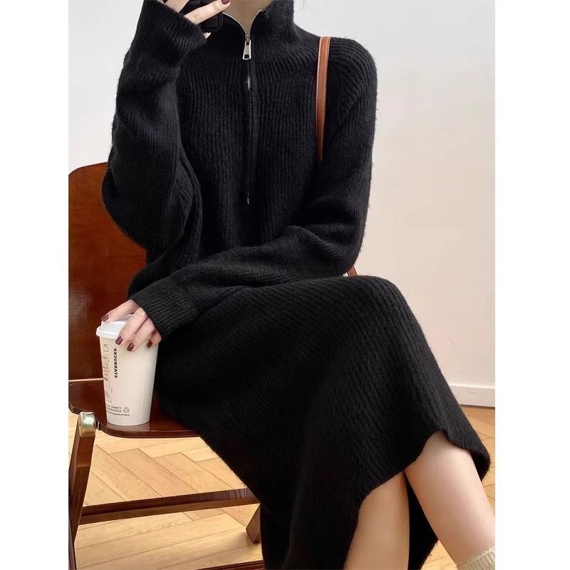 加绒加厚拉链翻领针织连衣裙女秋冬长款高领毛衣裙直筒长袖打底裙