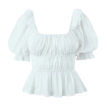 夏季新款纯欲风白色衬衫女法式木耳边泡泡袖蕾丝收腰方领短款衬衣