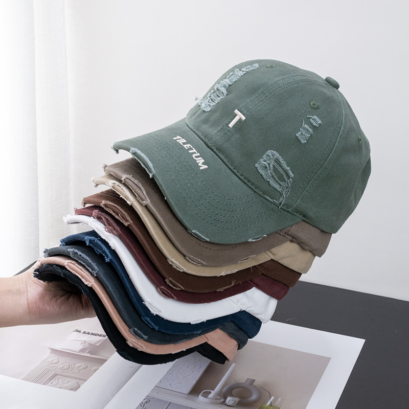 Fashion T Ripped Letter-Printing Worn Looking Washed-out Soft Top Baseball Cap Trendy All-Match Spring and Summer Sun Hat Wide Brim Peaked Cap