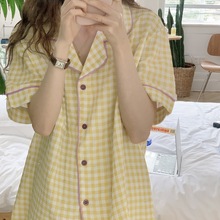 韩国ins外贸女士夏季新款格子棉布短袖短裤套装睡衣女家居服潮女