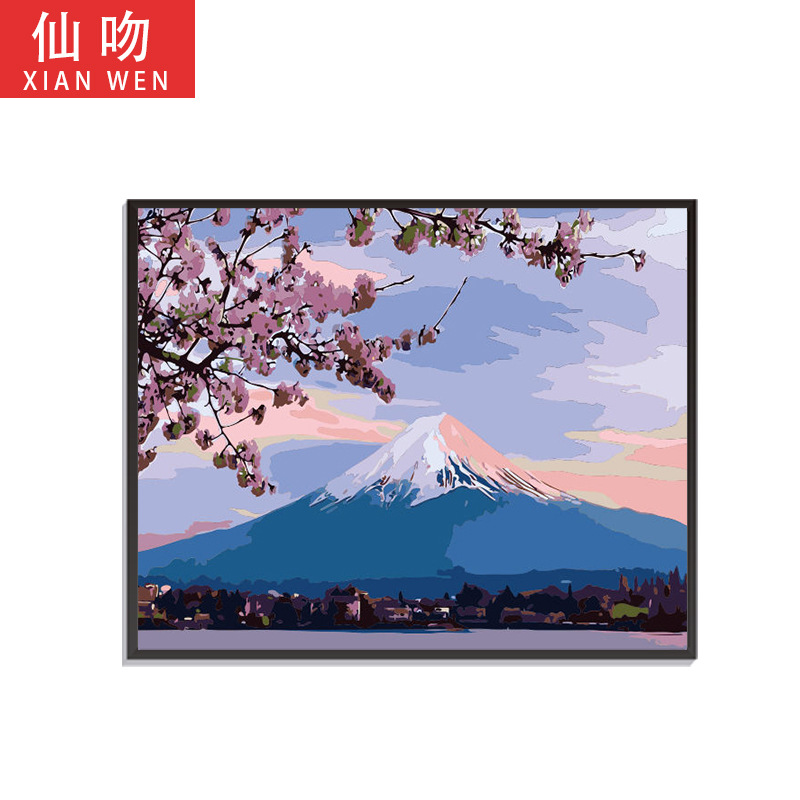 油画diy 风景花卉日本富士山樱花手工手绘客厅卧室装饰画厂家直销