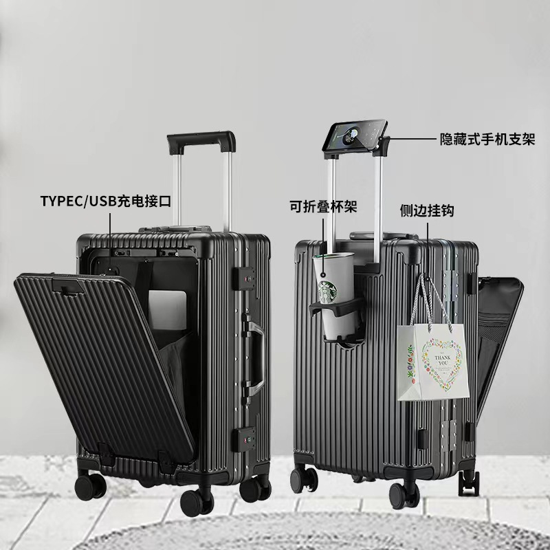 Multi-Functional Front Trolley Case Open Business Luggage Men's Notebook Boarding Bag Water Cup Holder Suitcase Women