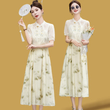 新中式国风刺绣两件套连衣裙女夏季气质香风改良旗袍套装裙子夏