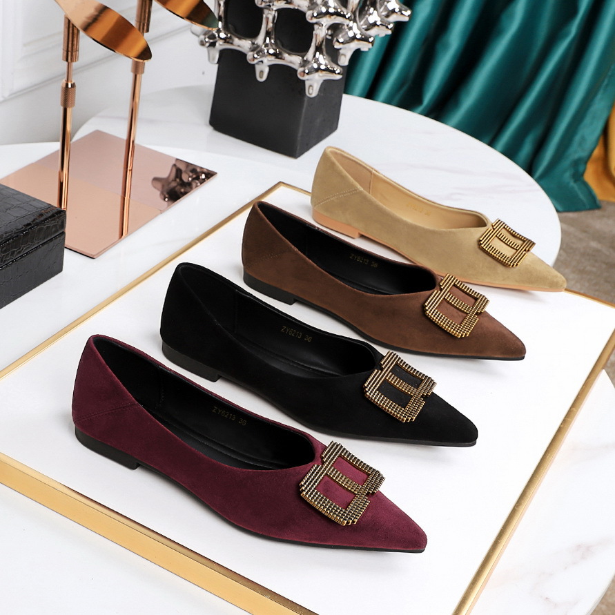 6213-K99欧美风通勤平跟单鞋百搭金属扣尖头浅口绒面不累脚平底鞋