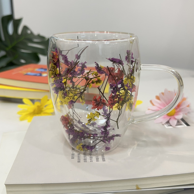 Double-Layer Real Flower Cup with Hand Gift Niche Advanced Glass Good-looking Practical Small Gift Girls Birthday Gifts