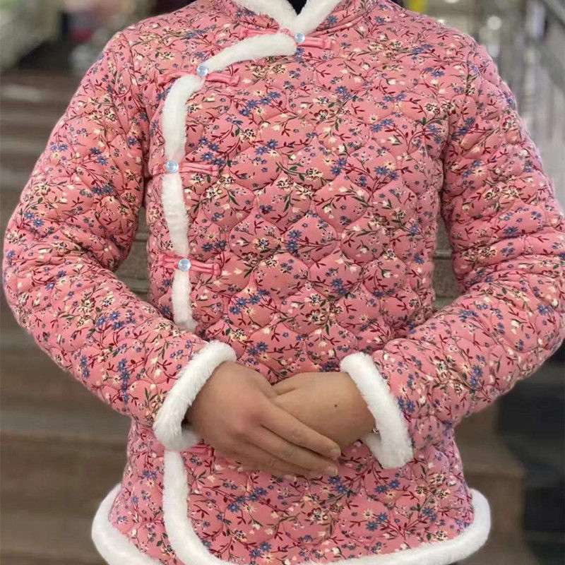 网红小花棉袄中国风洋气棉衣保暖驼绒加厚30到40岁年轻人旗袍女装