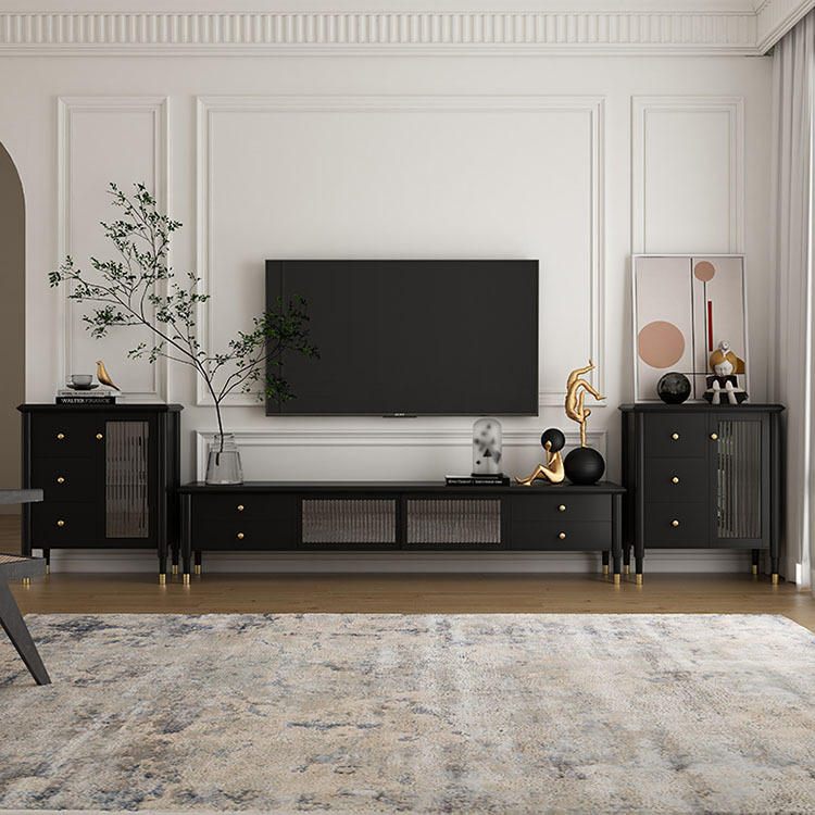北欧实木电视柜轻奢客厅带抽屉视听柜酒店法式玻璃黑色电视机边柜