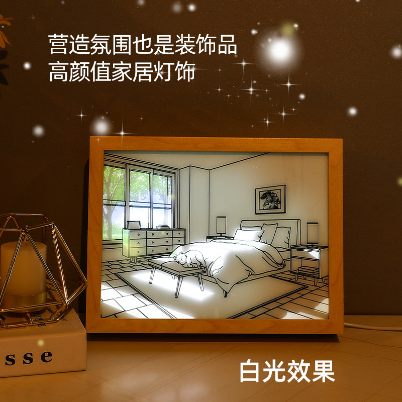 Tiktok Xiaohongshu Hot Ins Style Bedroom Living Room Home Creative Light Painting Photo Frame 8-Inch A4 Dormitory Bedside Lamp