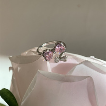 韩版时尚小众设计粉色水钻蝴蝶结戒指女可调节个性开口食指戒手饰