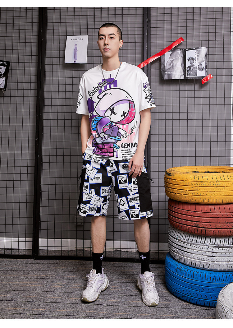 国潮嘻哈短袖男潮牌涂鸦动漫潮流学生宽松港风t恤半袖男潮五分袖