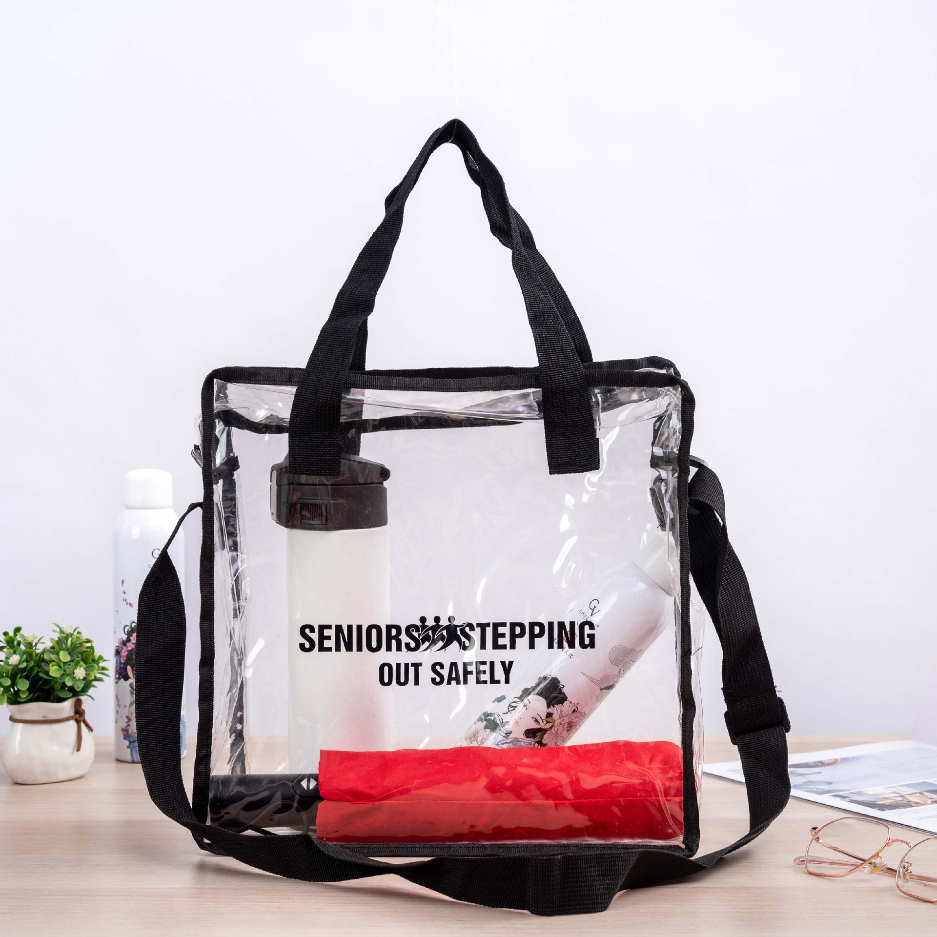 ctb003透明pvc背带手提拉链包塑料袋沙滩包 可印logo