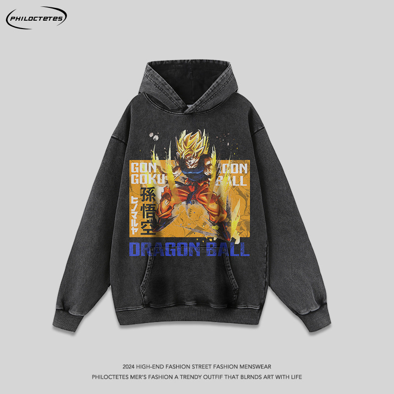 美式街头潮牌动漫印花小领口长袖帽衫男女潮牌古着洗水连帽卫衣