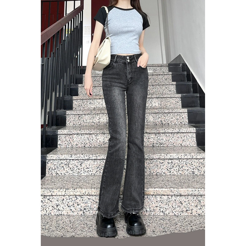   6880 Black and Gray Washed Jeans for Women 2023 Spring and Summer New High Waist Thin ooking Fashion All-Matching Jeans